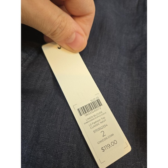 Chicos Linen Blouse Womens Size 2 12 Classic Navy Embroidered Ruffle Sleeve - Picture 5 of 13